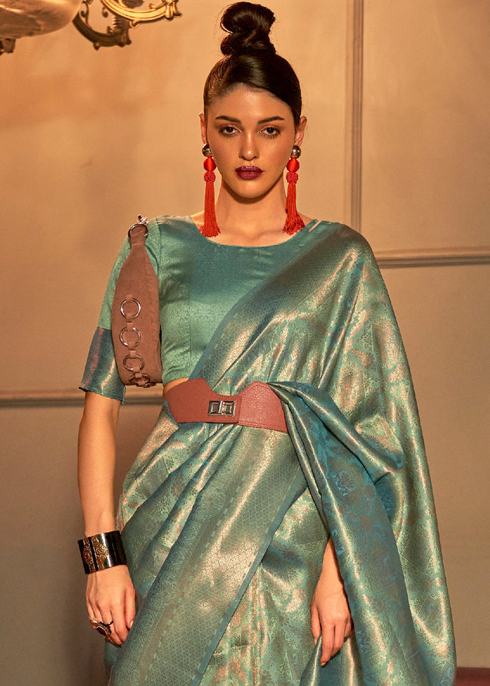 Ocean Green Two Tone Handloom Weaving Kanjivaram Silk Saree - qivii