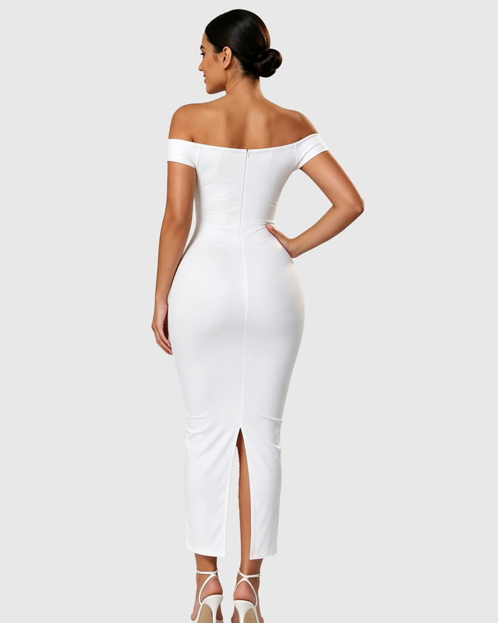 Off Shoulder Ruched Bust Bodycon Maxi Dress with Back Slit  - By Qivii