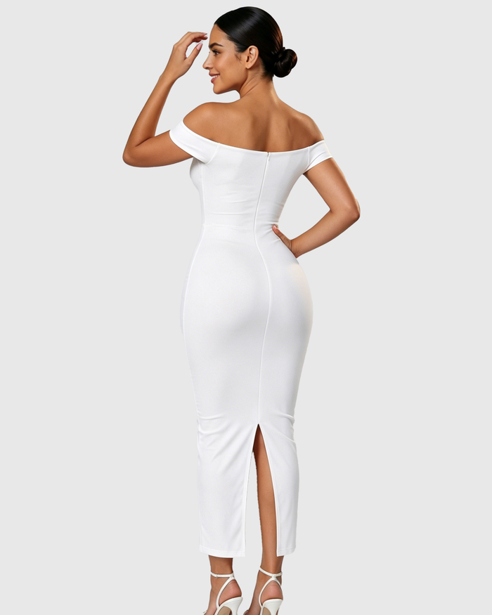 Off Shoulder Ruched Bust Bodycon Maxi Dress with Back Slit  - By Qivii