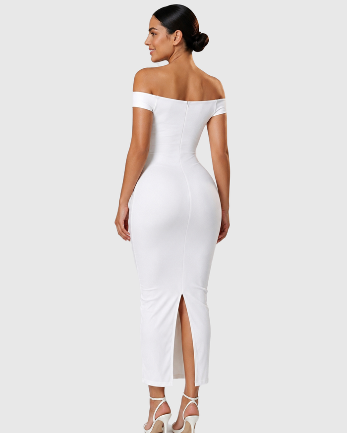 Off Shoulder Ruched Bust Bodycon Maxi Dress with Back Slit  - By Qivii