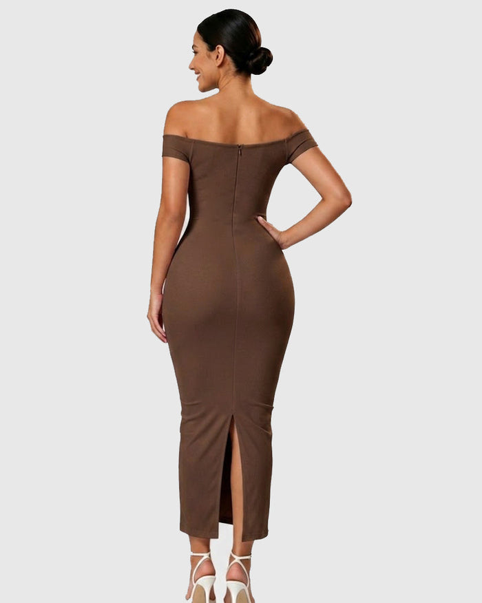 Off Shoulder Ruched Bust Bodycon Maxi Dress with Back Slit  - By Qivii