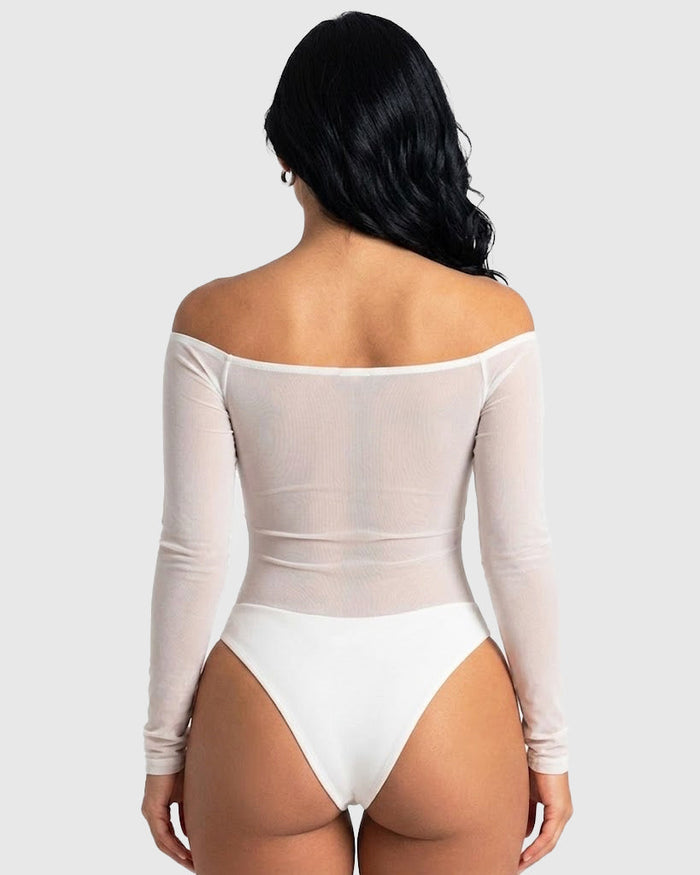 Off Shoulder Twist Front Mesh Long Sleeve Bodysuit  - By Qivii