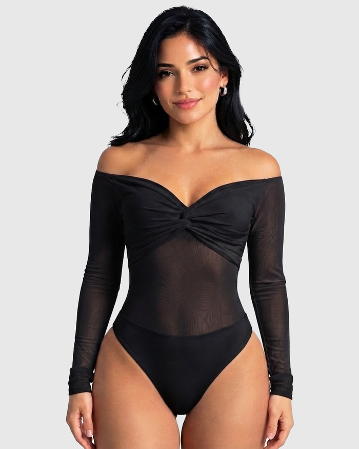 Off Shoulder Twist Front Mesh Long Sleeve Bodysuit  - By Qivii