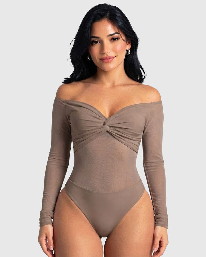 Off Shoulder Twist Front Mesh Long Sleeve Bodysuit  - By Qivii