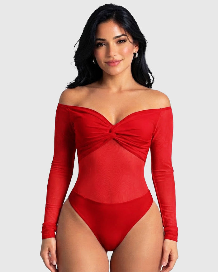 Off Shoulder Twist Front Mesh Long Sleeve Bodysuit  - By Qivii