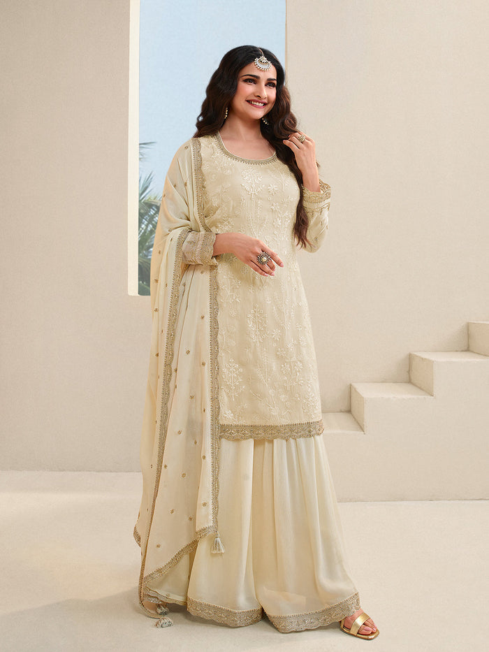 Off White Floral Pattern, Thread with Sequins & Zari Embroidered Sharara Suit Set