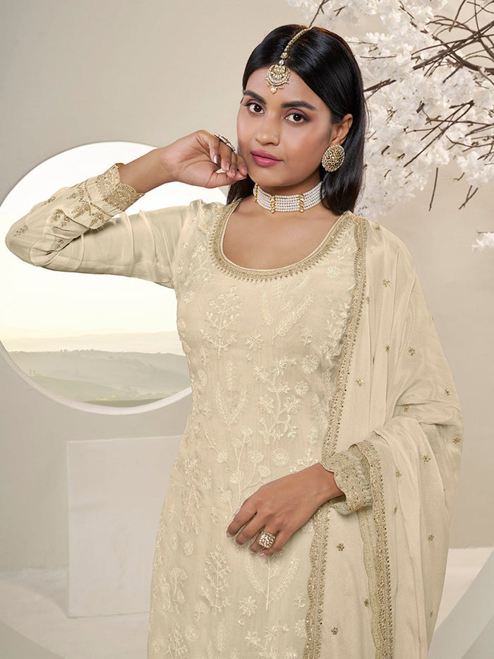 Off White Floral Pattern, Thread with Sequins & Zari Embroidered Sharara Suit Set