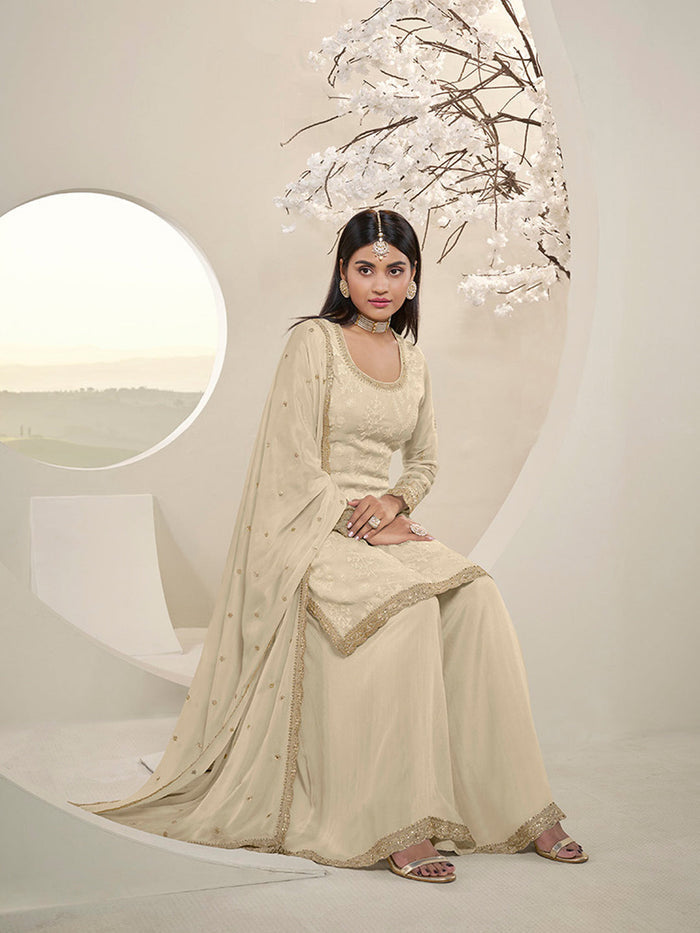 Off White Floral Pattern, Thread with Sequins & Zari Embroidered Sharara Suit Set