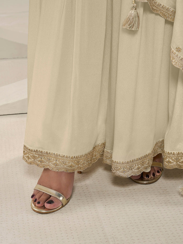Off White Floral Pattern, Thread with Sequins & Zari Embroidered Sharara Suit Set