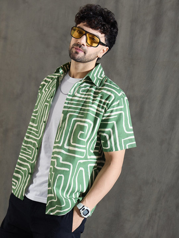 Olive Abstract Print Linen Shirt