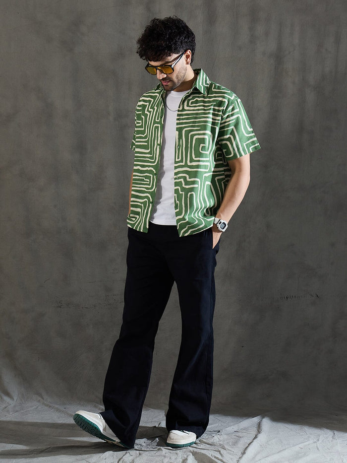 Olive Abstract Print Linen Shirt