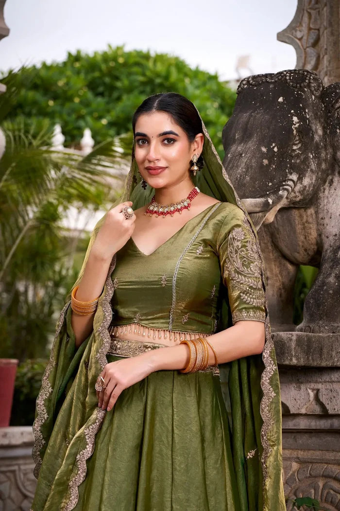 Olive Green Fendi Embroidery Lehenga Choli