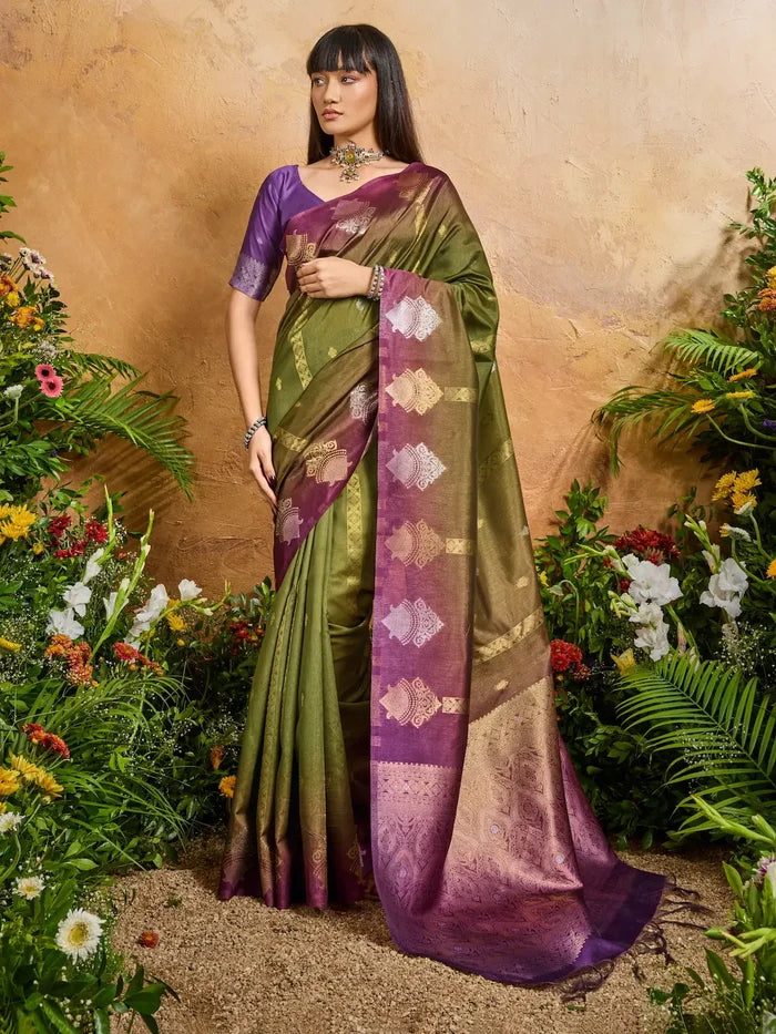 Olive Green Handloom Weaving Silk Saree
