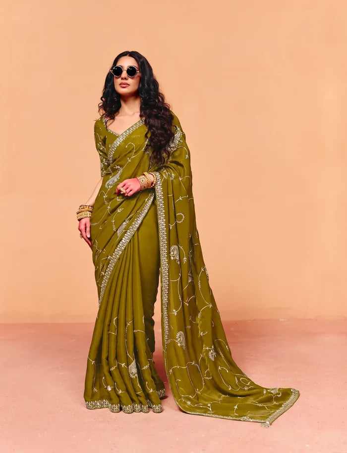 Olive Green Satin Embroidery Saree