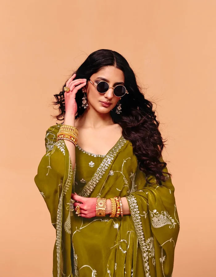 Olive Green Satin Embroidery Saree