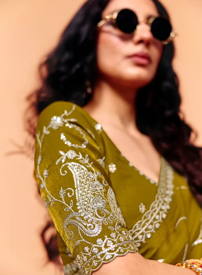 Olive Green Satin Embroidery Saree