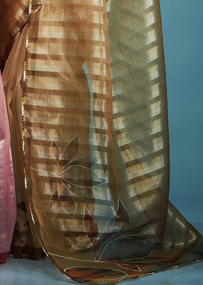 Olive Green Tissue Silk Saree With Floral Print - qivii