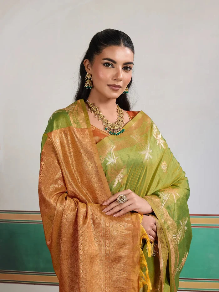Olive Green Tussar Silk Weaving Work Saree