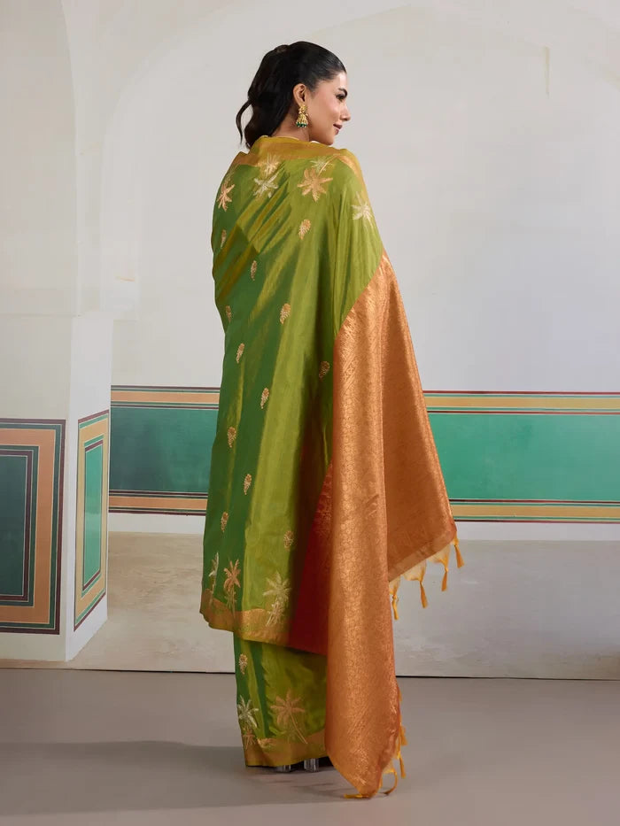Olive Green Tussar Silk Weaving Work Saree