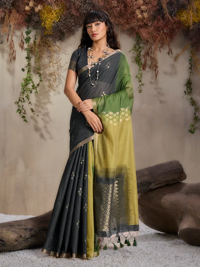 Olive-Yellow Handloom Cotton Saree