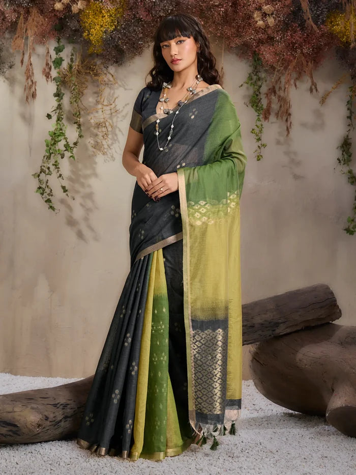 Olive-Yellow Handloom Cotton Saree