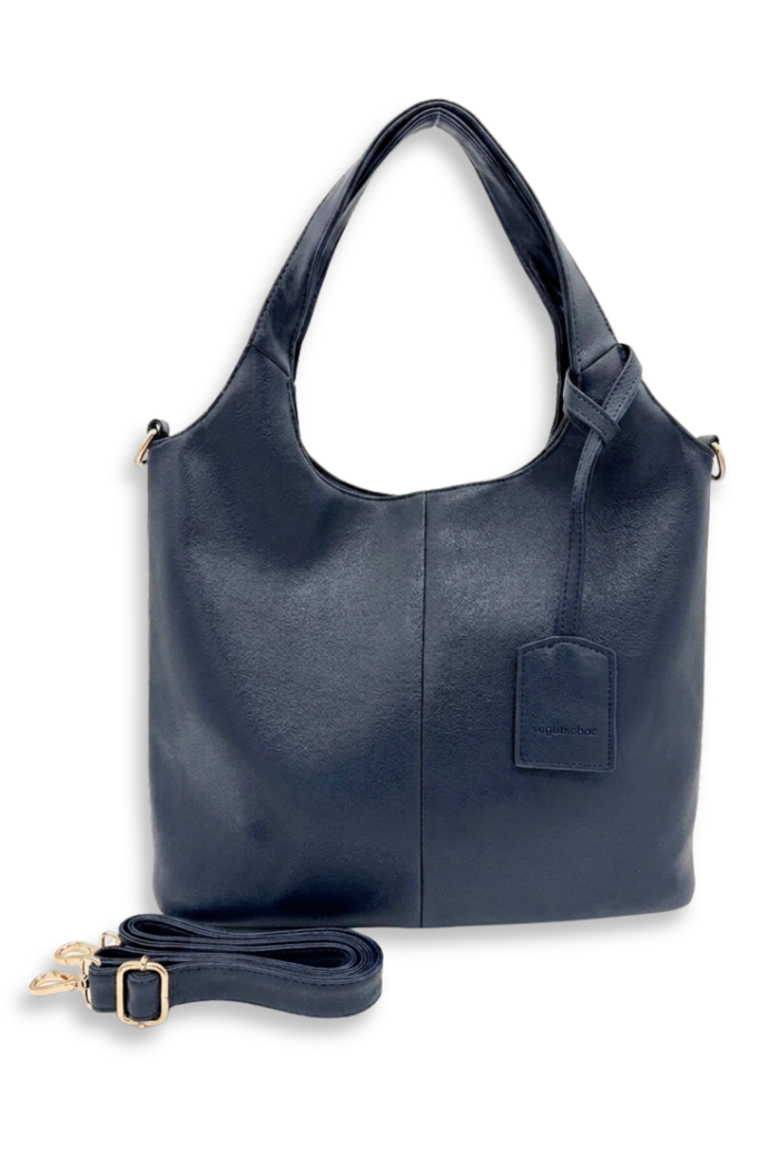 Navy blue handbag with a strap on a white background