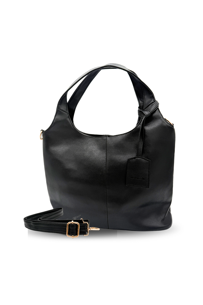 A black Modern+Chic Olivia Convertible Slouchy Tote Bag for Women on a white background.