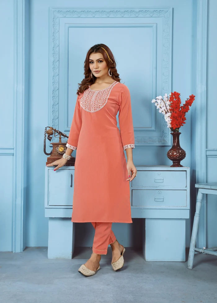 Orange Kurta Set With Embroidery Work - qivii