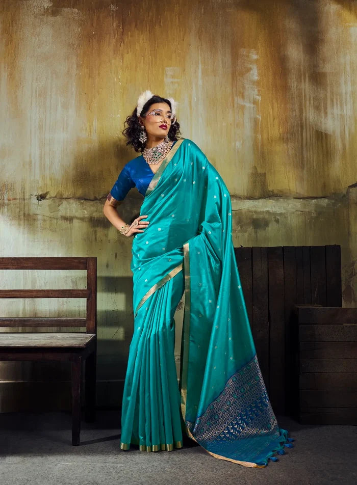 Pacific Blue Silk Zari Weaving Saree