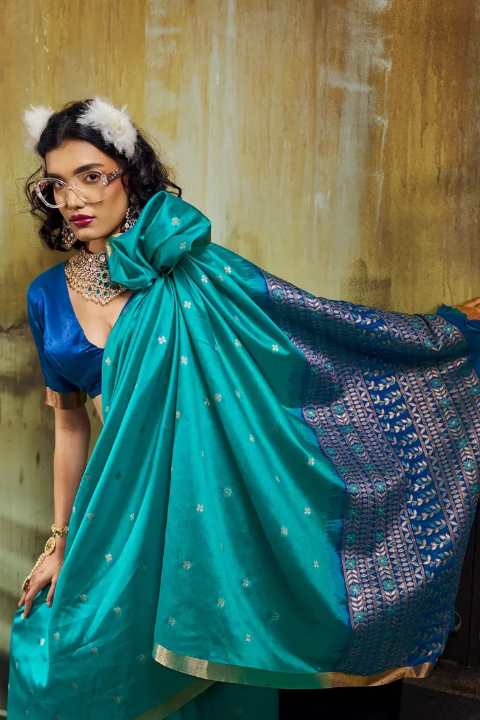 Pacific Blue Silk Zari Weaving Saree