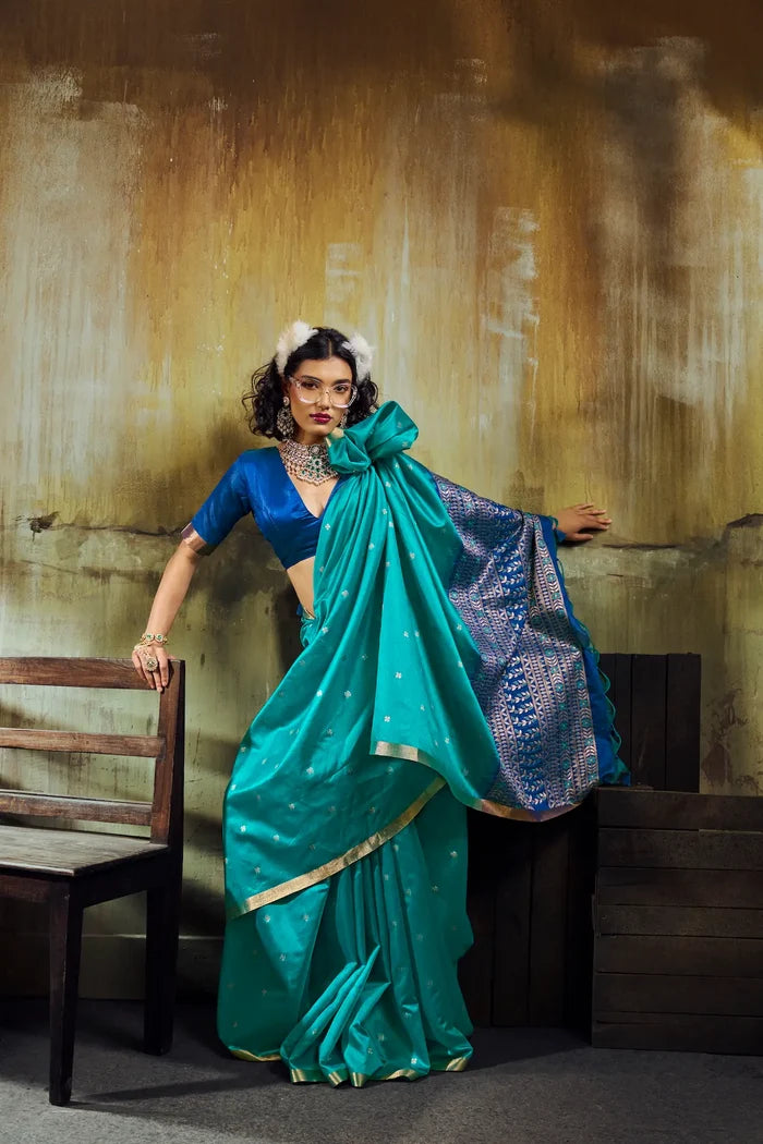 Pacific Blue Silk Zari Weaving Saree