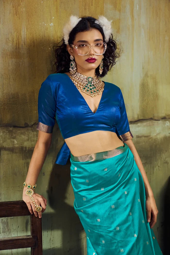 Pacific Blue Silk Zari Weaving Saree