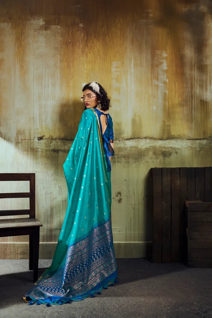Pacific Blue Silk Zari Weaving Saree