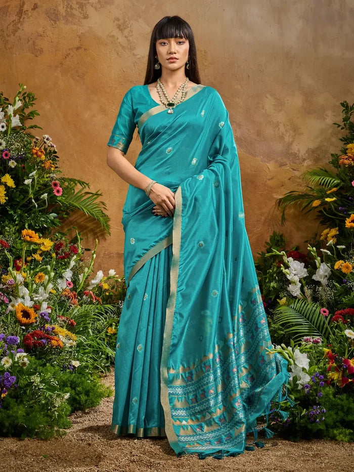 Pacific Blue Zari weaving Tussar Silk Saree