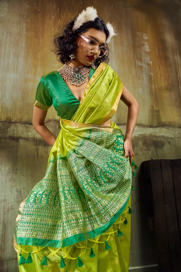 Parrot Green Silk Zari Weaving Saree
