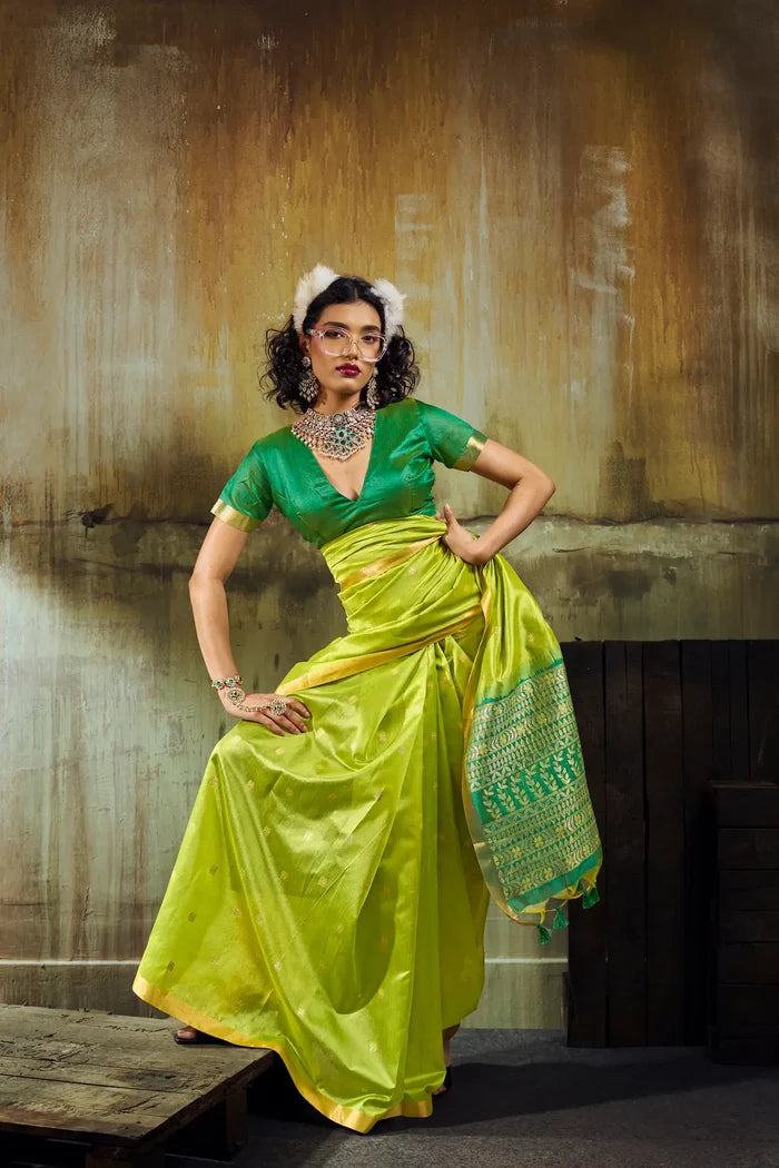Parrot Green Silk Zari Weaving Saree
