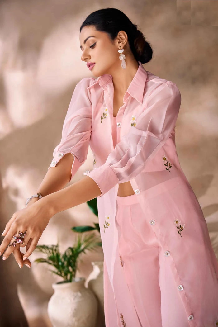 Peach Hand Work Stylish Organza Indo-Western With Long Shrug