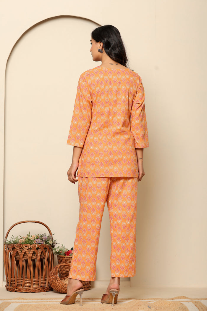 Peach Printed Cotton Co- Ord Set