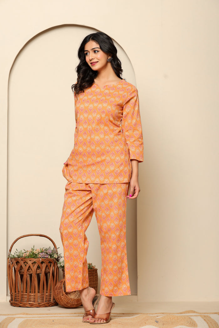 Peach Printed Cotton Co- Ord Set