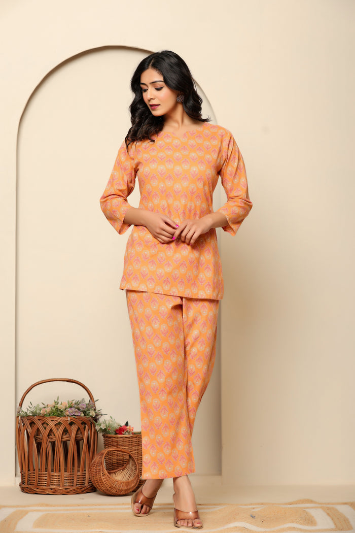 Peach Printed Cotton Co- Ord Set