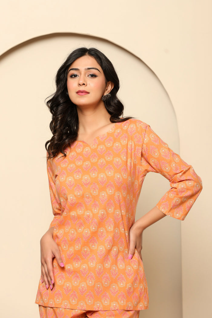 Peach Printed Cotton Co- Ord Set