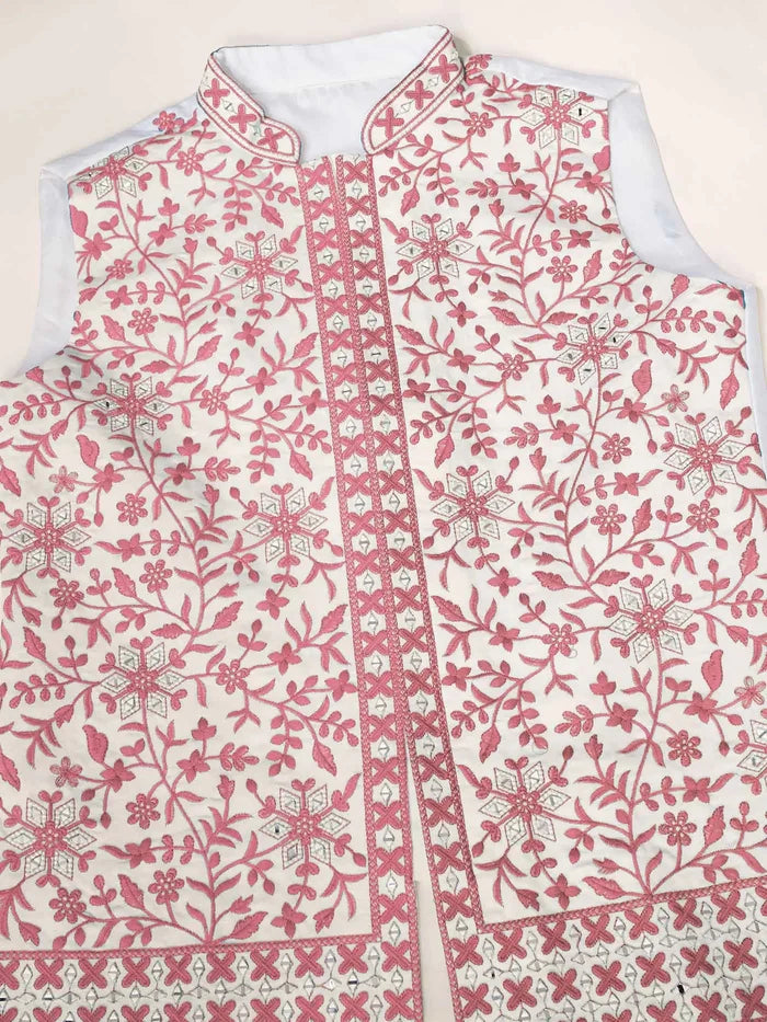 Peach Silk Kurta Set With Embroidery & Mirror Work Koti