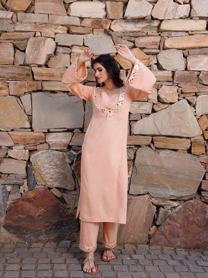 Peachy Keen Mirror Work Kurta Set