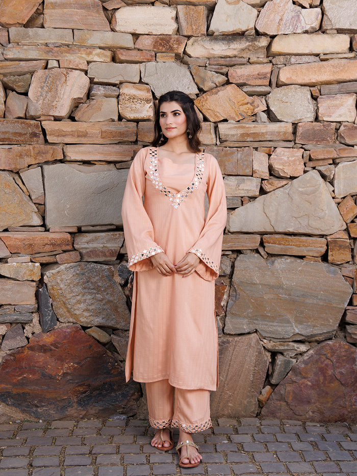 Peachy Keen Mirror Work Kurta Set