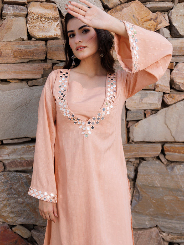 Peachy Keen Mirror Work Kurta Set