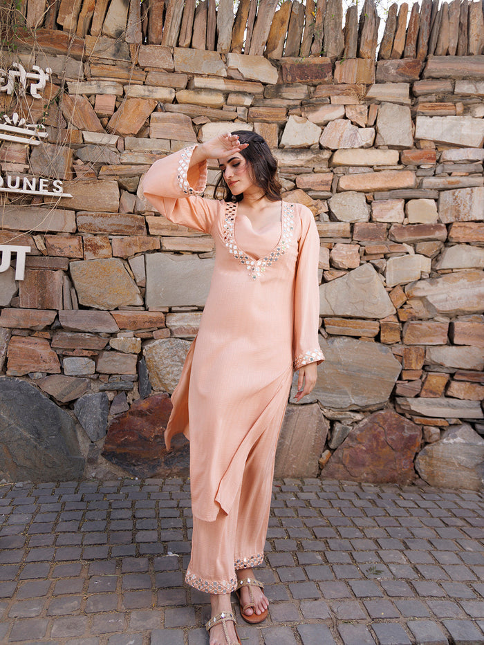 Peachy Keen Mirror Work Kurta Set