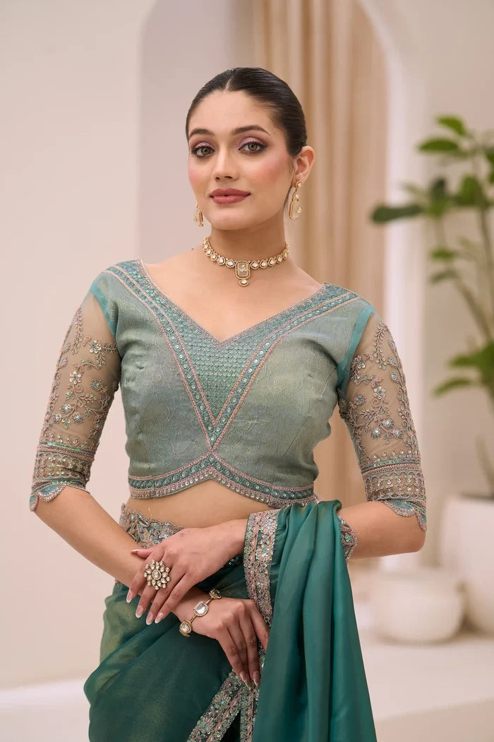 Peacock Teal Georgette Party wear Saree