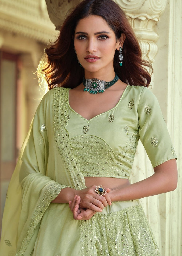 Pear Green Georgette Lehenga Choli with Sequins & Thread work | Ready To Wear - qivii