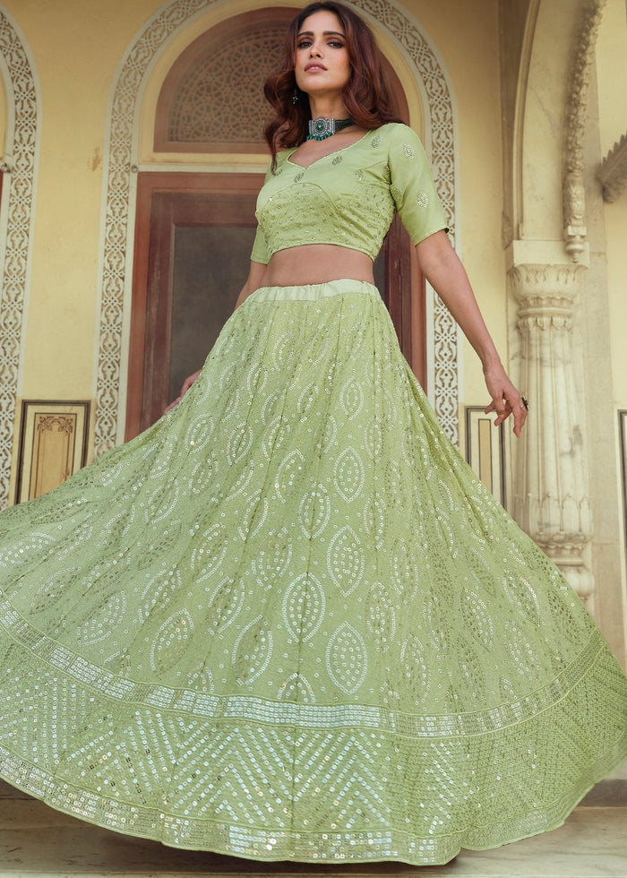 Pear Green Georgette Lehenga Choli with Sequins & Thread work | Ready To Wear - qivii