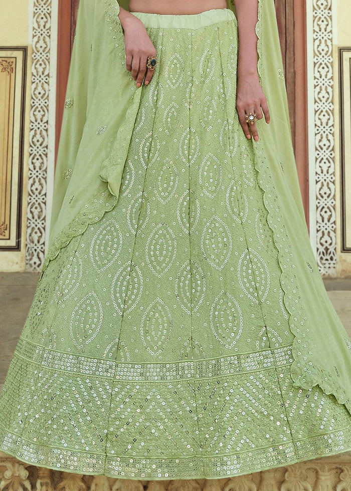 Pear Green Georgette Lehenga Choli with Sequins & Thread work | Ready To Wear - qivii